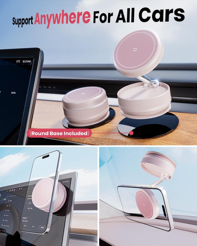 MiiKARE Upgraded 360° Vacuum Magnetic Car Phone Holder for Magsafe [96+LBS Strongest Suction & 2800gf Strongest Magnetic], Adjustable Car Phone Mount for Your Car/Gym/Mirror for iPhone & Android, Light Pink - Image 2